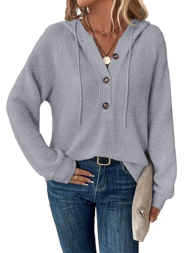 Tanmolo Hoodie Damen Kapuzenpullover Knopfleiste Leichter Pullover Langarm Sweatshirt Tops für Herbst(Hellgrau, XL) von Tanmolo