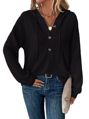 Tanmolo Hoodie Damen Kapuzenpullover Knopfleiste Leichter Pullover Langarm Sweatshirt Tops für Herbst(Schwarz, 3XL) von Tanmolo
