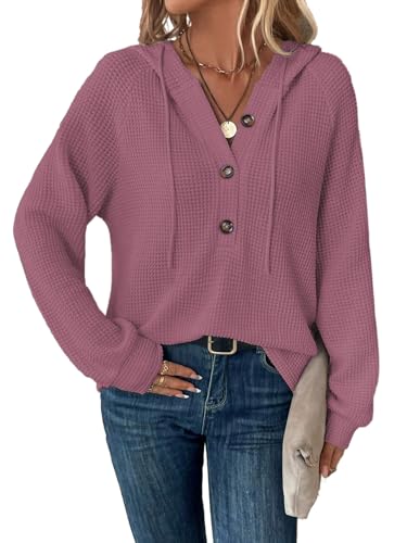 Tanmolo Hoodie Damen Kapuzenpullover Knopfleiste Leichter Pullover Langarm Sweatshirt Tops für Herbst Altrosa, XXL von Tanmolo