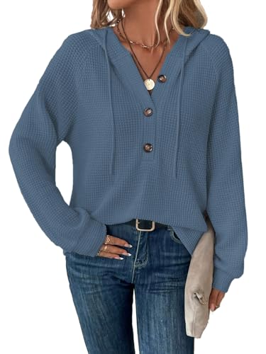 Tanmolo Hoodie Damen Kapuzenpullover Knopfleiste Leichter Pullover Langarm Sweatshirt Tops für Herbst Blaugrau, S von Tanmolo