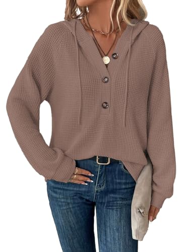Tanmolo Hoodie Damen Kapuzenpullover Knopfleiste Leichter Pullover Langarm Sweatshirt Tops für Herbst Braun, XXL von Tanmolo