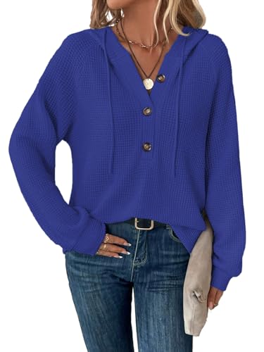 Tanmolo Hoodie Damen Kapuzenpullover Knopfleiste Leichter Pullover Langarm Sweatshirt Tops für Herbst Königsblau, M von Tanmolo