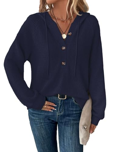 Tanmolo Hoodie Damen Kapuzenpullover Knopfleiste Leichter Pullover Langarm Sweatshirt Tops für Herbst Navy Blau, M von Tanmolo
