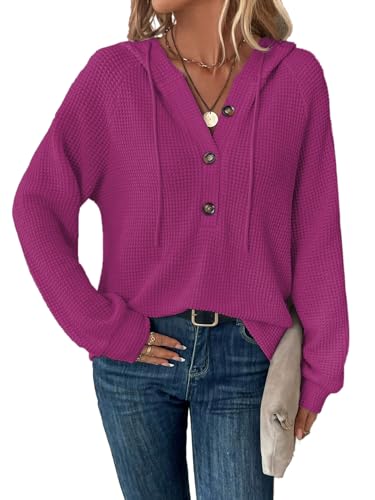 Tanmolo Hoodie Damen Kapuzenpullover Knopfleiste Leichter Pullover Langarm Sweatshirt Tops für Herbst Tiefviolettrot, XL von Tanmolo