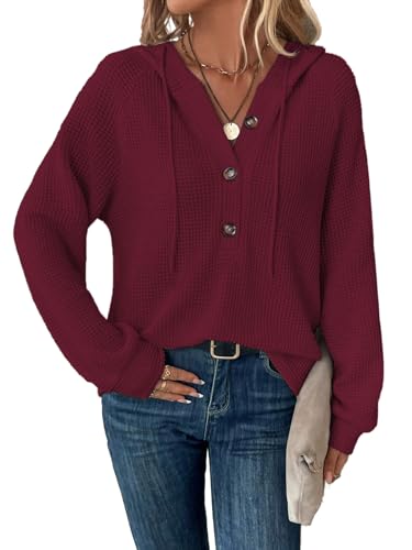 Tanmolo Hoodie Damen Kapuzenpullover Knopfleiste Leichter Pullover Langarm Sweatshirt Tops für Herbst Weinrot, XL von Tanmolo