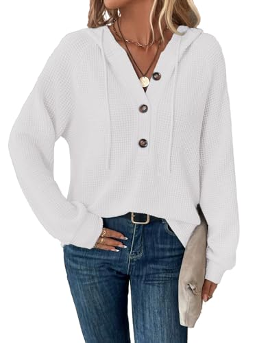 Tanmolo Hoodie Damen Kapuzenpullover Knopfleiste Leichter Pullover Langarm Sweatshirt Tops für Herbst Weiß, M von Tanmolo