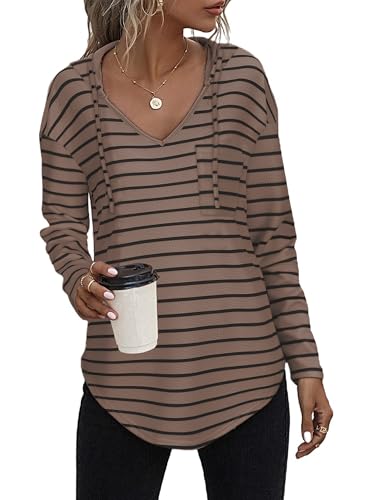 Tanmolo Kapuzenpullover Damen Baumwolle Hoodie Pullover Sweatshirt Langarm Tops Casual Oberteile braun-schwarz gestreift, S von Tanmolo
