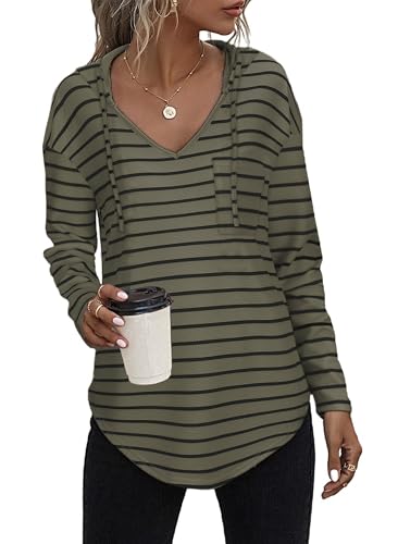 Tanmolo Kapuzenpullover Damen Baumwolle Hoodie Pullover Sweatshirt Langarm Tops Casual Oberteile olivgrün-schwarz gestreift, L von Tanmolo