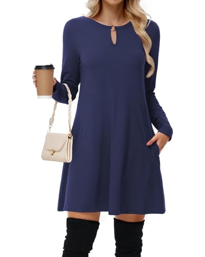 Tanmolo Kleid Damen Elegant Knielang mit Taschen Freizeitkleid A Linie Fließend Langarm Herbst und Winter (Dunkelblau L) von Tanmolo