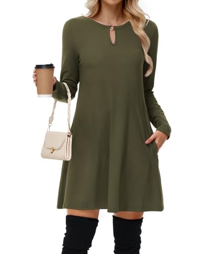 Tanmolo Kleid Damen Elegant Knielang mit Taschen Freizeitkleid A Linie Fließend Langarm Herbst und Winter (Dunkelgrün XL) von Tanmolo