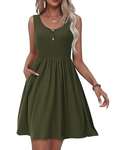 Tanmolo Kleid Damen Sommer Knielang Freizeitkleider Knopf Tank Kleid Mit Taschen Elastic Dress (Dunkelgrün XXL) von Tanmolo