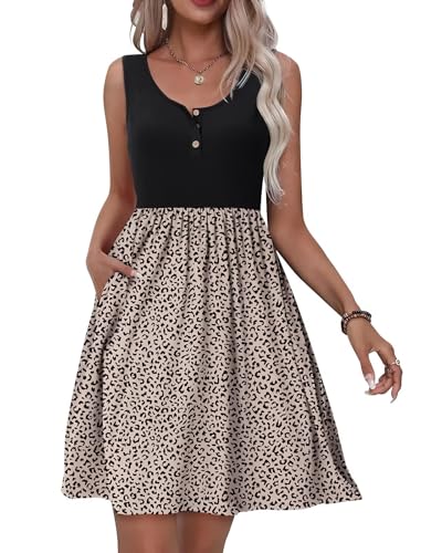 Tanmolo Kleid Damen Sommer Knielang Freizeitkleider Knopf Tank Kleid Mit Taschen Elastic Dress (Schwarz-Kleiner Leopard XS) von Tanmolo