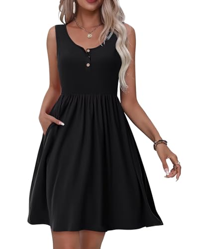 Tanmolo Kleid Damen Sommer Knielang Freizeitkleider Knopf Tank Kleid Mit Taschen Elastic Dress (Schwarz M) von Tanmolo