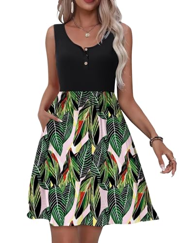 Tanmolo Kleid Damen Sommer Knielang Freizeitkleider Knopf Tank Kleid Mit Taschen Elastic Dress (Schwarz-Tropischer Regenwald M) von Tanmolo