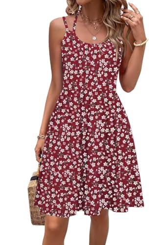 Tanmolo Kleid Damen Sommer Spagettiträgern Kleid Knielang Freizeitkleider Mit Taschen Swing Strandkleid (Rote Blüten M) von Tanmolo