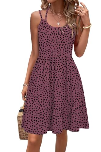 Tanmolo Kleid Damen Sommer Spagettiträgern Kleid Knielang Freizeitkleider Mit Taschen Swing Strandkleid (Rote Marmorpunkte XL) von Tanmolo