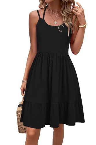 Tanmolo Kleid Damen Sommer Spagettiträgern Kleid Knielang Freizeitkleider Mit Taschen Swing Strandkleid (Schwarz L) von Tanmolo