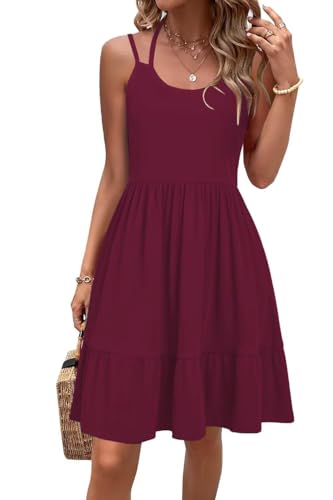 Tanmolo Kleid Damen Sommer Spagettiträgern Kleid Knielang Freizeitkleider Mit Taschen Swing Strandkleid (Weinrot L) von Tanmolo