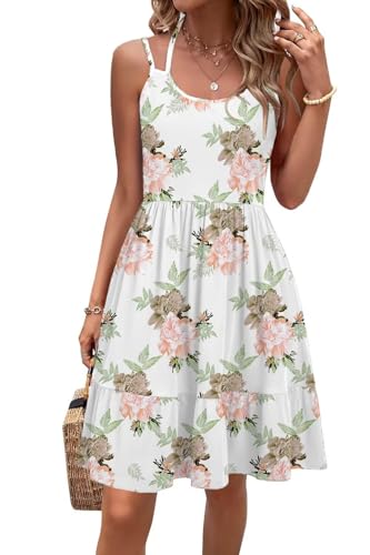 Tanmolo Kleid Damen Sommer Spagettiträgern Kleid Knielang Freizeitkleider Mit Taschen Swing Strandkleid (Weiß Blumen XXL) von Tanmolo