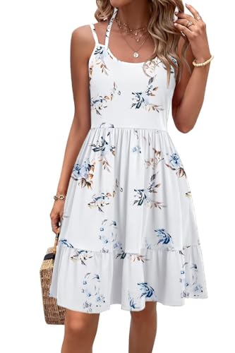 Tanmolo Kleid Damen Sommer Spagettiträgern Kleid Knielang Freizeitkleider Mit Taschen Swing Strandkleid (Weiß Floral L) von Tanmolo