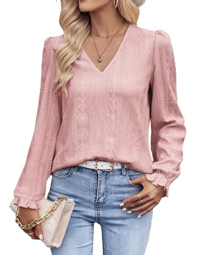 Tanmolo Langarmshirt Damen Bluse Elegant Langarm Pullover V-Ausschnitt Tunika Lässige Oberteile Puffärmel Blusenshirt Basic Tops Altrosa, XXL von Tanmolo