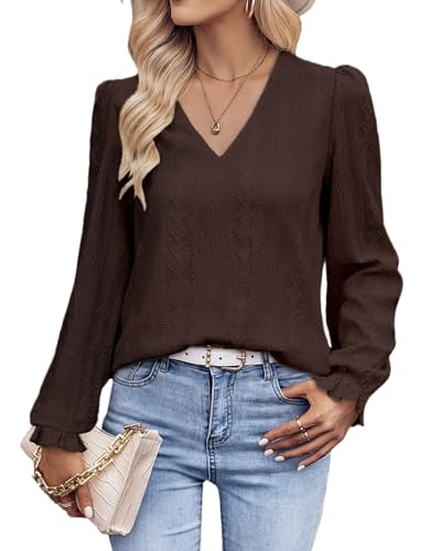 Tanmolo Langarmshirt Damen Bluse Elegant Langarm Pullover V-Ausschnitt Tunika Lässige Oberteile Puffärmel Blusenshirt Basic Tops Braun, L von Tanmolo