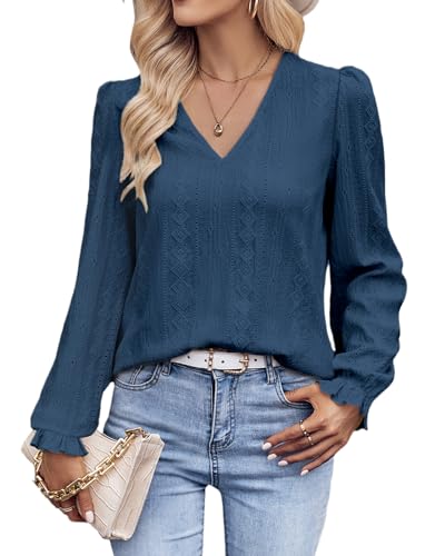 Tanmolo Langarmshirt Damen Bluse Elegant Langarm Pullover V-Ausschnitt Tunika Lässige Oberteile Puffärmel Blusenshirt Basic Tops Graublau, S von Tanmolo