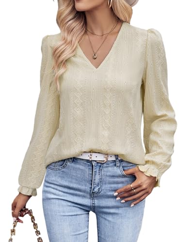 Tanmolo Langarmshirt Damen Bluse Elegant Langarm Pullover V-Ausschnitt Tunika Lässige Oberteile Puffärmel Blusenshirt Basic Tops Helles Beige, L von Tanmolo
