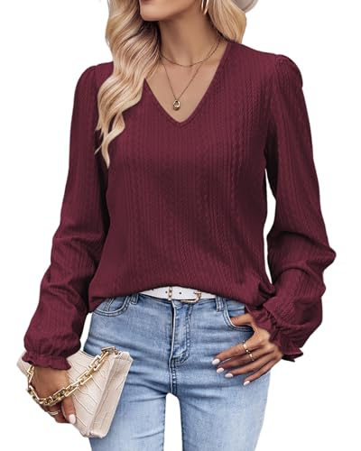 Tanmolo Langarmshirt Damen Bluse Elegant Langarm Pullover V-Ausschnitt Tunika Lässige Oberteile Puffärmel Blusenshirt Basic Tops Kastanienbraun, L von Tanmolo