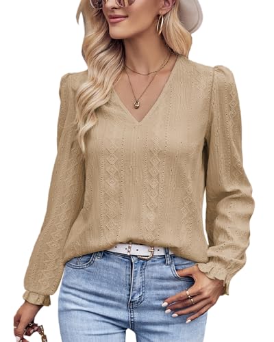 Tanmolo Langarmshirt Damen Bluse Elegant Langarm Pullover V-Ausschnitt Tunika Lässige Oberteile Puffärmel Blusenshirt Basic Tops Khaki, XXL von Tanmolo