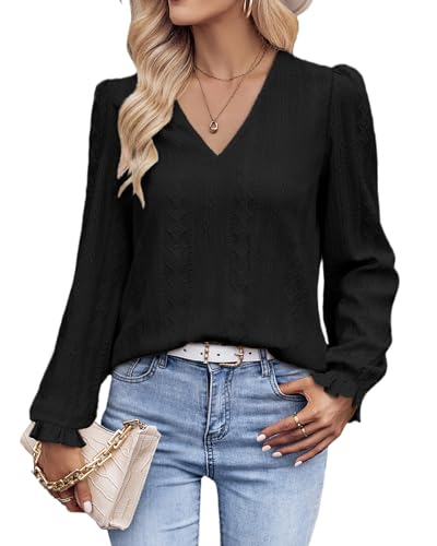 Tanmolo Langarmshirt Damen Bluse Elegant Langarm Pullover V-Ausschnitt Tunika Lässige Oberteile Puffärmel Blusenshirt Basic Tops Schwarz, XL von Tanmolo