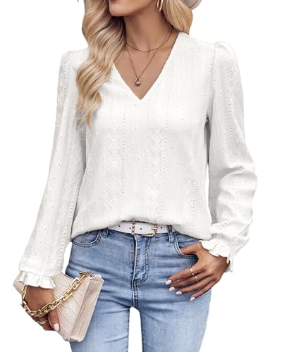 Tanmolo Langarmshirt Damen Bluse Elegant Langarm Pullover V-Ausschnitt Tunika Lässige Oberteile Puffärmel Blusenshirt Basic Tops Weiß, M von Tanmolo