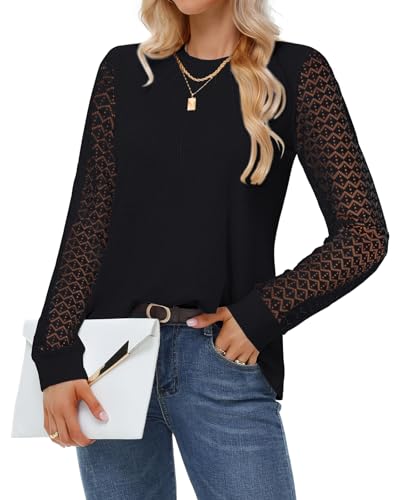 Tanmolo Langarmshirt Damen Bluse Waffelstrick Tops Langarm Pullover Lässig Blusen Spitze Oberteile Rundhals Hemden Herbst Blusenshirt Schwarz, XXL von Tanmolo