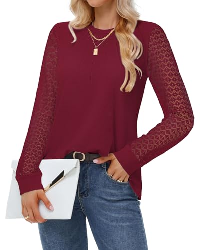 Tanmolo Langarmshirt Damen Bluse Waffelstrick Tops Langarm Pullover Lässig Blusen Spitze Oberteile Rundhals Hemden Herbst Blusenshirt Weinrot, XL von Tanmolo