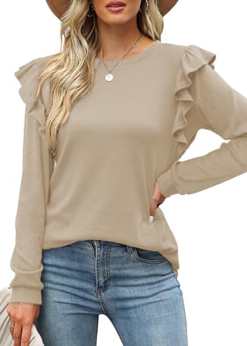 Tanmolo Langarmshirt Oberteile Damen Rüschen lässig Top mit Rundhals Tunika Langarm Bluse Shirts Aprikoser, L von Tanmolo