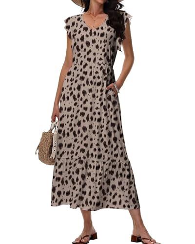 Tanmolo Maxikleid Damen Sommerkleid Lang Strandkleid Mit V-Ausschnitt Im Swing-Stil Mit Blumenmuster Mit Taschen (Braun Leoparden XL) von Tanmolo