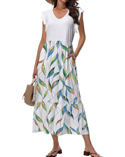 Tanmolo Maxikleid Damen Sommerkleid Lang Strandkleid Mit V-Ausschnitt Im Swing-Stil Mit Blumenmuster Mit Taschen (Bunte Blätter XXL) von Tanmolo