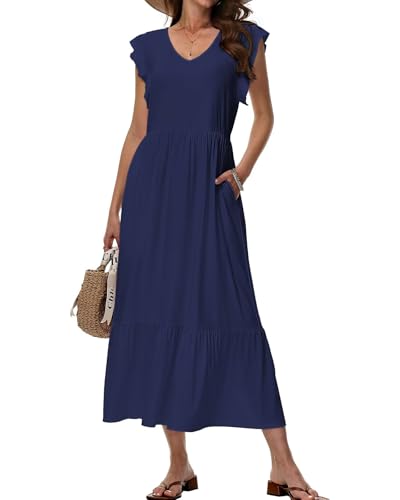 Tanmolo Maxikleid Damen Sommerkleid Lang Strandkleid Mit V-Ausschnitt Im Swing-Stil Mit Blumenmuster Mit Taschen (Dunkelblau S) von Tanmolo
