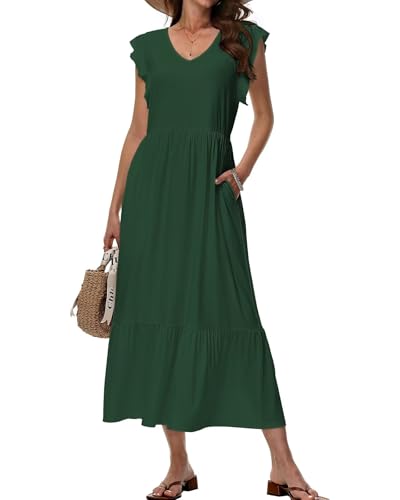 Tanmolo Maxikleid Damen Sommerkleid Lang Strandkleid Mit V-Ausschnitt Im Swing-Stil Mit Blumenmuster Mit Taschen (Grün S) von Tanmolo