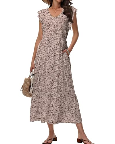 Tanmolo Maxikleid Damen Sommerkleid Lang Strandkleid Mit V-Ausschnitt Im Swing-Stil Mit Blumenmuster Mit Taschen (Kleiner Leopardprint M) von Tanmolo