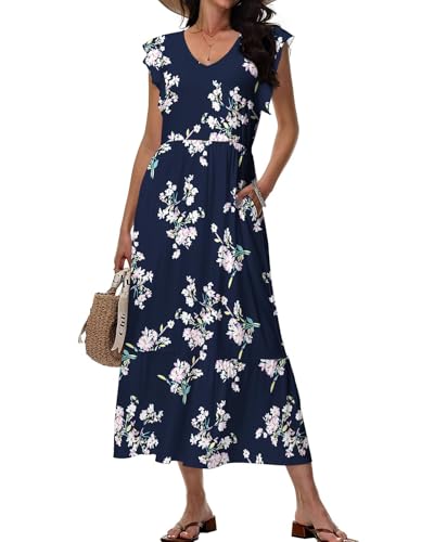 Tanmolo Maxikleid Damen Sommerkleid Lang Strandkleid Mit V-Ausschnitt Im Swing-Stil Mit Blumenmuster Mit Taschen (Marineblau Blumen XXL) von Tanmolo