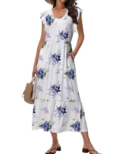 Tanmolo Maxikleid Damen Sommerkleid Lang Strandkleid Mit V-Ausschnitt Im Swing-Stil Mit Blumenmuster Mit Taschen (Pastelllila Rosen XL) von Tanmolo