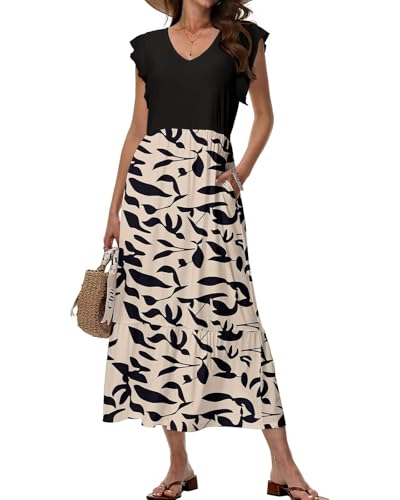 Tanmolo Maxikleid Damen Sommerkleid Lang Strandkleid Mit V-Ausschnitt Im Swing-Stil Mit Blumenmuster Mit Taschen (Schwarz Blatt M) von Tanmolo