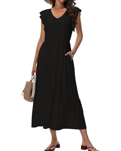 Tanmolo Maxikleid Damen Sommerkleid Lang Strandkleid Mit V-Ausschnitt Im Swing-Stil Mit Blumenmuster Mit Taschen (Schwarz L) von Tanmolo