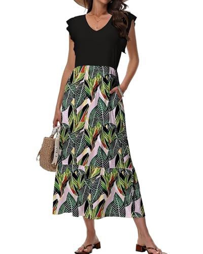 Tanmolo Maxikleid Damen Sommerkleid Lang Strandkleid Mit V-Ausschnitt Im Swing-Stil Mit Blumenmuster Mit Taschen (Tropischer Regenwald S) von Tanmolo