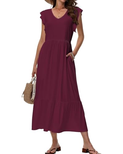 Tanmolo Maxikleid Damen Sommerkleid Lang Strandkleid Mit V-Ausschnitt Im Swing-Stil Mit Blumenmuster Mit Taschen (Weinrot M) von Tanmolo