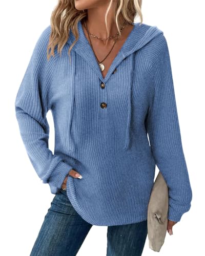 Tanmolo Pullover Damen Hoodie V-Ausschnitt Kapuzenpullover Knopfleiste Leichter Strickpullover Langarm Sweatshirt Tops Blau-Melange, S von Tanmolo