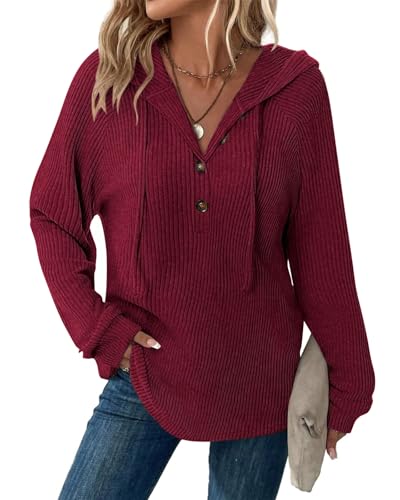 Tanmolo Pullover Damen Hoodie V-Ausschnitt Kapuzenpullover Knopfleiste Leichter Strickpullover Langarm Sweatshirt Tops Bordeaux-Melange, L von Tanmolo