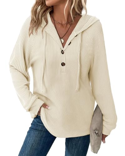 Tanmolo Pullover Damen Hoodie V-Ausschnitt Kapuzenpullover Knopfleiste Leichter Strickpullover Langarm Sweatshirt Tops Creme, XXL von Tanmolo