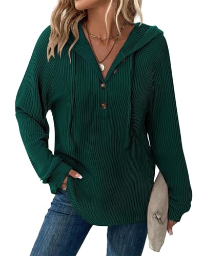 Tanmolo Pullover Damen Hoodie V-Ausschnitt Kapuzenpullover Knopfleiste Leichter Strickpullover Langarm Sweatshirt Tops Dunkelgrün, 3XL von Tanmolo